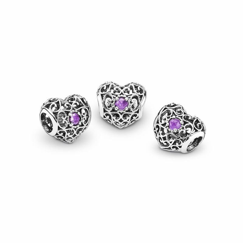 Pandora February Signature Heart Charm Ireland - Sterling Silver/Purple/Synthetic Amethyst - 403786J